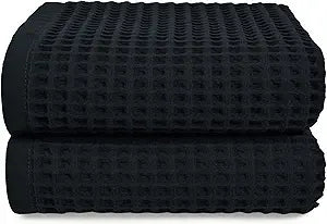 Jacquotha Waffle Bath Towel Set of 2 (Black) - Cotton, Thin, Low Lint, 31 x 62 Soft Bath Towels for Bathroom, Shower, Pool & Beach