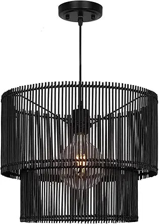 Woven Rattan Pendant Lamp, 16 Inch Large Natural Simple Hand Weaved Coastal Beach Black Rope Hanging Pendant Light Fixture for Dining Room Living Room Bedroom Kitchen Foyer