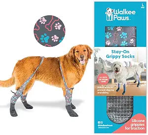 WALKEE PAWS Stay-on, Non-Slip Dog Socks to Prevent Licking Paws and Slipping on Hardwood Floors. Seen on Shark Tank, Never Lose a Dog Sock Again (Large) Grippy Socks with All Around Grip