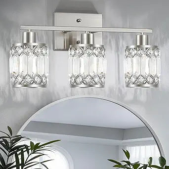 Crystal Modern Bathroom Light Fixtures, 3-Light Brushed Nickel Bathroom Vanity Wall Light, Vanity Lights for Mirror, Restroom, Bedroom (E26 Socket, Bulbs Not Included)