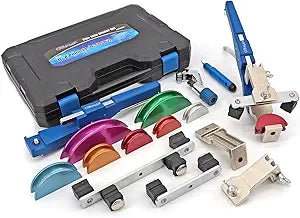 CARVALAX 90 Ratcheting Tube Bender Kit - 7 Color-Coded Aluminum Heads for 1/4" to 7/8" Pipes, Reverse-Bend Adapters & Portable Toolbox, Tube Cutter & Deburring for HVAC/Heating Repair (Blue