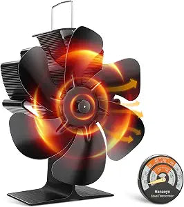 Hanaoyo Wood Stove Fan, 6 Blades Wood Stove Fan Heat Powered, Fireplace Fan with Magnetic Thermometer, Wood Stove Accessories, Non Electric Fan for Wood/Log Burner Stove