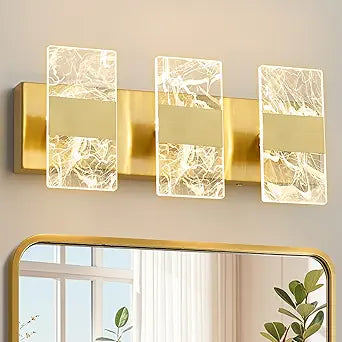 Modern LED Bathroom Light Fixtures Dimmable 3-Light Gold Vanity Light, 5CCT Adjustable Lighting Fixture Vanity Lights Over Mirror, Smoked Acrylic LED Vanity Lights for Bathroom