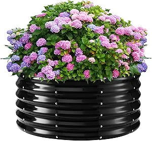 YSEJOMP 17" Tall Round Outdoor Garden Raised Garden Bed Kits-0.8MM Thick Metal Raised Planter Bed/Ground Planter Box for Variety of Flowers,Herbs,Vegetables,Trees (Black, 32 Dia X 16.5 inches)