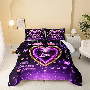 QOOMO Purple Love Heart Kids Comforter Set Twin Size