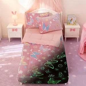 Holawakaka Glow in The Dark Butterfly & Flowers Zipper Comforter Bedding Set - Twin Size for Kids & Toddlers Pink Luminous Flannel Bed-in-a-Bag with Zip-Up Comforter, Sheet & Pillowcases