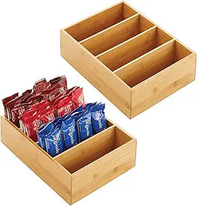mDesign Bamboo Wood Food Storage Organizer Box, 4 Section, Divided Compartment Bin; Container for Kitchen, Pantry; Holder for Spices, Snacks, Tea, Coffee Cup - Echo Collection - 2 Pack - Natural