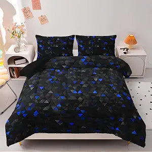 Nttopship Geometric Blue Black Comforter Set,Triangle Honeycomb 3 PCS Bedding Set Queen Size for Teen Adult,Modern Quilt Set Geometry Decor,Microfiber Lightweight 1 Comforter 2 Pillowcases