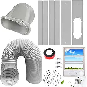 Portable AC Window Vent Kit, Adjustable Vertical/Horizontal Sliding Window Kit Plate for AC Unit, AC Window Vent Kit, AC Window Seal With 5.9 Inch Diameter, 59 Inch Length Exhaust Hose