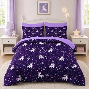Nesker 5 Pcs Comforter Set Twin Size, Purple Rainbow Bedding for Kids Teen, Cute Unicorn Bed Sheet with Pillowcase & Sham