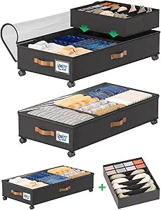 Under Bed Storage with Wheels, 2-Pack 58L Under the Bed Storage Containers with Lids, 1-Pack 15L Box, Organizer Bins Rolling Underbed Storage for Clothes, Underwear, Socks, Shoes - Delicate