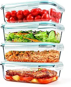 GEHE 4 Pack 52 oz Large Glass Food Storage Containers with Lids - Glass Meal Prep Containers For Baking, Storing, Airtight Lunch Container, Freezer, Dishwasher, Microwave and Oven Safe, BPA Free