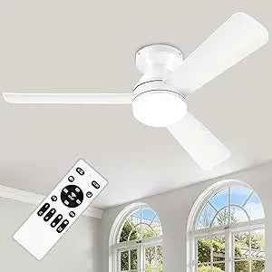 Ceiling Fans with Lights - 42 Inch Low Profile Ceiling Fan with Light and Remote Control, Reversible, 3CCT Dimmable, Noiseless, White Small Flush Mount Ceiling Fan for Bedroom Indoor/Outdoor