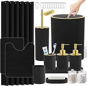 Black Gold Bathroom Accessories Set - Bathroom Sets, 25PC Bath Accessory Set, Bathroom Sets with Push Top Trash Can, Shower Curtain and Rugs, Toilet Brush, Trash Can & Soap Dispenser