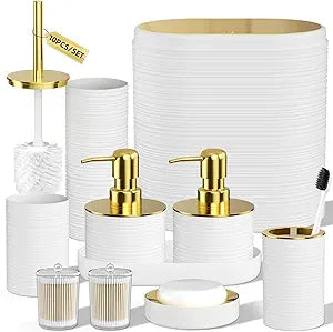 Bathroom Set, 10PC Bathroom Accessory Set, White Bathroom Accessories, White and Gold Bathroom Set with Trash Can, Soap Dispensers