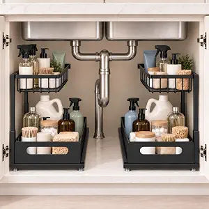 Under Sink Organizer, 2-Tier Pull-Out Metal Drawer, 2 Pack