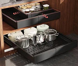 Seinloes Pull Out Cabinet Organizer,4-Side Expandable to Maximize Cabinet Space,Slide Out Drawers with 3 Rail Design,Roll Out Shelf with Raising Pad for Framed Cabinet,13"-21"W x 17"-24"D,Black,2 Pack