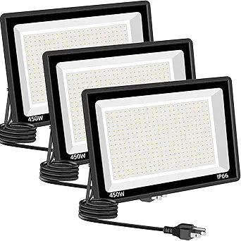450W Warm White LED Flood Lights,3000K Super Bright 54000LM Outdoor Security Lights with Plug, Exterior IP66 Waterproof Floodlight for Field,Playground,Garage, Garden, Arena(3 Pack)