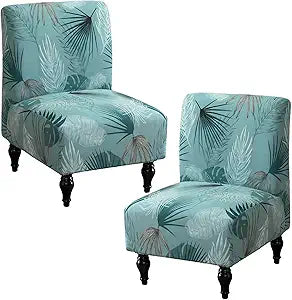Armless Accent Chair Covers Stretch Spandex Printed Chair Slipcovers Removable Furniture Protector Covers for Living Dining Room Hotel (2 Pack, Blue+Leaves)