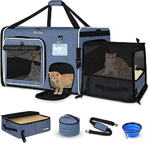 Petskd Side Expandable Extra Large Cat Car Carrier with Collapsible Litter Box for Long Distance Travel,24"x17"x17" Portable Soft Sided Pet Carrier with Roller Shades for 2 Cats Up to 55LBS(Blue)