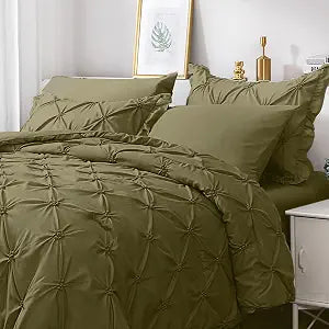 JOLLYVOGUE Olive Green Queen Size Comforter Sets 7 Pieces, Pintuck Bed in a Bag Comforter Set for Bedroom, Bedding Comforter Sets with Comforter, Sheets, Ruffled Shams & Pillowcases