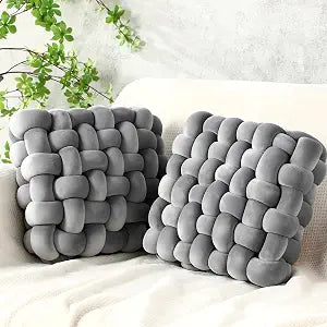 Wenqik 2 Pcs Knot Pillows Square Knotted Plush Throws Soft Accent Pillows Decoration Cushion for Couch Home Office Living Room Bedroom Bed Sofa Decor, 12'' x 13''(Light Gray,Crystal Velvet)