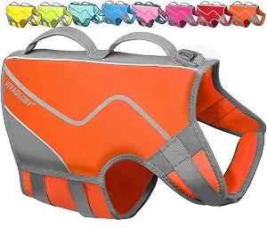 VIVAGLORY Dog Life Vest Neoprene Dog Swim Vest, XL, Rising Orange | High Visibility Adjustable for Doggy Cat Puppy, Lifejacket with Leash Ring & Handle for Swimming & Boating