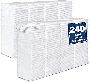 TEAWOO Coral Velvet Washcloths Bulk -240 Pack, Highly Absorbent and Soft White Face Towels, Multi-Purpose Washcloths and Hand Towels for Bathroom, Hotel, Spa and Gym, 12 x 12 inches