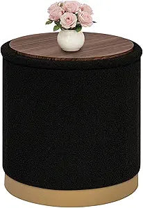 B FSOBEIIALEO Ottoman with Stroage, Round Boucle Storage Ottoman with Gold Plating Base,Foot Rest Stool for Dorm Room, Living Room Black, 16.73"x16.73"x17.72"