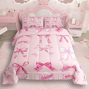 jejeloiu Pink Bow Bedding Set Twin Girls Bow Comforter Set for Kids Teens Girls Cute Bowknot Comforter Breathable Soft Lightweight Microfiber Kawaii Cute Pink Room Decor