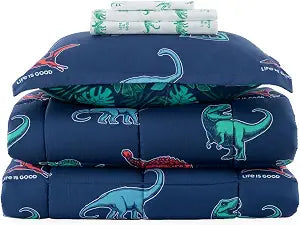 Berkshire LIG Printed Reversible Microfiber Comforter Set5-Piece, Ultra Soft All-Season Bedding for Kids, Wrinkle & Fade Resistant, Twin, Life was Good Dinos Navy