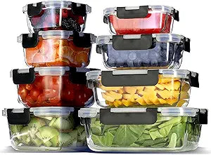 EATEX 16pc Glass Food Storage Containers with Lids, Airtight Glass Meal Prep Containers, 8 Reusable Food Storage Bins with 8 Leakproof Snap Lock Lids, Oven Microwave Freezer Safe Containers New