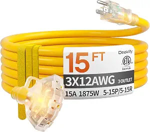 15 FT 12 Gauge Heavy Duty Extension Cord with Multiple Outlets