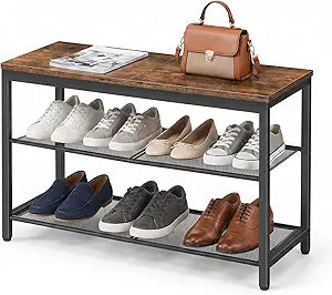 HOOBRO Shoe Bench, 3-Tier Shoe Rack, Industrial Shoe Organizer Storage Bench, 29.5 inches Entry Bench with Mesh Shelves, for Entryway, Living Room, Hallway, Easy Assembly, Rustic Brown BF75HX01