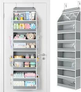 Yecaye 5 Tier Over the Door Organizer, Swing-proof Door Organizer Hanging with Clear PVC Windows, Behind the Door Storage for Bedroom Nursery Closet Laundry Pantry Bathroom, Grey