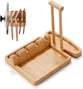 Bamboo Spoon Rest & Pot Lid Holder for Stove Top, 2-in-1 Spatula Rest and Kitchen Utensil Organizer, Countertop Spoon Holder for Cooking Spoons, Spatulas & Lids, Natural Bamboo Kitchen Storage Rack