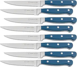 DURA LIVING Premium 8-Piece Steak Knife Set Sharp Serrated Blades, Forged High Carbon Stainless Steel, Full Tang, Ergonomic Handle, Royal Blue Ideal for Dining & Entertaining