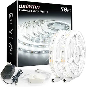 dalattin White LED Strip Lights 50ft Dimmable Bright 24V Led Light Strip 6500K Daylight White 900 LEDs Lights for Bedroom, Mirror, Kitchen, Strong Adhesive2 Rolls of 25ft