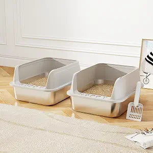 Premium Stainless Steel Cat Litter Box with Scoop Large High-Sided Open Top Litter Pan, Rust-Resistant & Metal Kitty Litter Tray, Non-Stick Easy Clean Surface with Non-Slip Pads