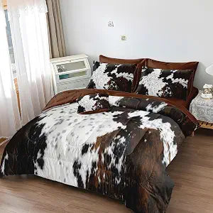 MUGINYU Brown Cowhide Comforter Set California King, 8 Pieces Bed in a Bag Black White Cow Skin Print Western Farmhouse Animal Fur Bedding Set for Kids Boys Girls