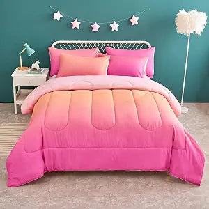 Yogeneg Rainbow Kids Comforter Sets Full/Queen Size for Teen Girl &Boys Women, Pink Orange Ombre Comforter with 2 Pillowcase, Microfiber 3 Piece Bedding Set,All Season (Rainbow D, Queen)