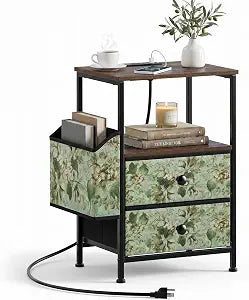 MALOL Night Stand with Charging Station & Led Light Strip,Vintage Floral