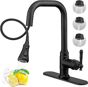 3 Function Black Kitchen Sink Faucet, 360 Degree Swivel Kitchen Faucets with Pull Down Sprayer, Single Handle with Deck Plate for 1 or 3 Hole, Stainless Steel