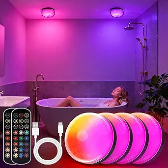 4-Pack Rechargeable Shower Lights for Inside Shower, 15 RGBW Color Changeable Waterproof Lights for Shower with Remote(DimmableTimer), Wireless LED Mood Lighting for Bathroom, Closet, Bedroom, Party