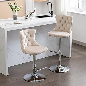 Swivel Bar Stools Set of 2, Adjustable Counter Height Upholstered Barstools with Nailheads Trim, Button Tufted Back and Silver Footrest, Bar Chairs for Dining Room Home Bar Kitchen, Velvet, Beige