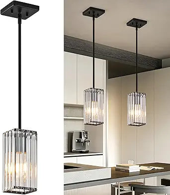 Modern Crystal Pendant Lights Kitchen Island, 2-Pack Black Hanging Light with Crystal Shade, Adjustable Height Pendant Lighting for Kitchen Island Dining Room Bedroom Bar Entryway