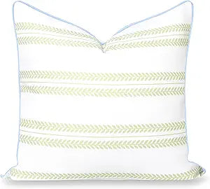 Hofdeco Premium Grandmillennial Coastal Hampton Patio Indoor Outdoor Throw Pillow Cover Only, 22"x22" Water Repellent for Backyard, Couch, Poolside, Grass Green Baby Blue Print Leaf Striped