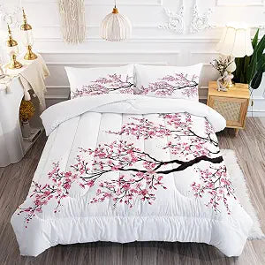 Suncloris Romantic Cherry Blossom Sakura Comforter Set Twin, 2 Pillowcases