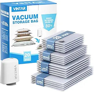 Vacuum Seal Bags for Clothing Travel with Rechargeable Cordless Pump, VINTAR 20 Pack Space Saver Vacuum Storage Bags(5J+5L+5M+5S), Compression Packing Bags for Luggage and Suitcase