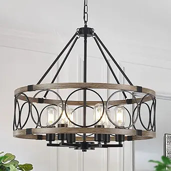6-Light Farmhouse Chandelier for Dining Room, 21.65'' Black Rustic Industrial Drum Chandeliers Imitation Wood Grain Pendant Light Fixture for Kitchen Island Entryway Foyer Bedroom Hallway,E26 Metal